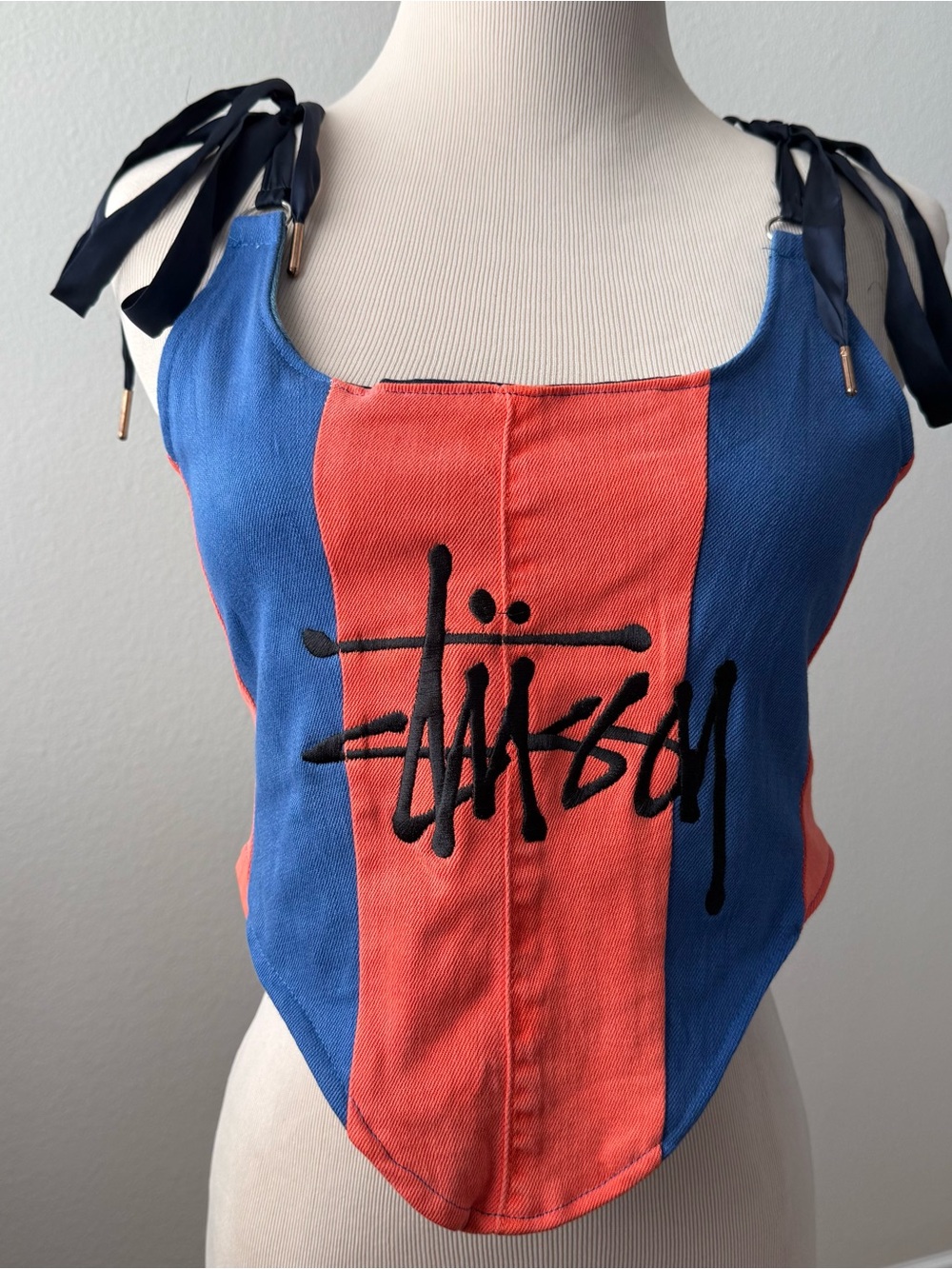 Stussy logo Women's Blue & Coral Striped Tie-Shoulder Denim Tank Top Size S